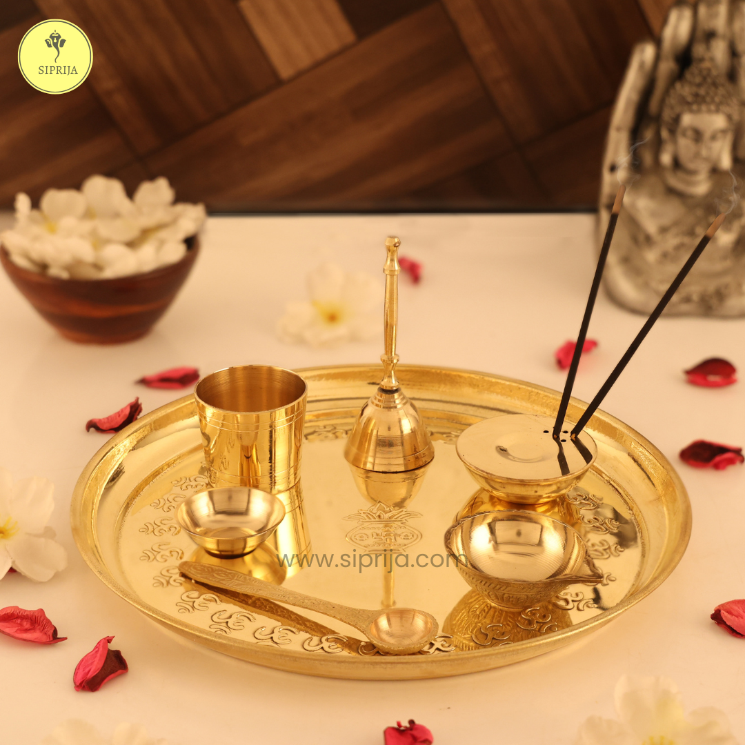 E-HANDICRAFTS Brass Pooja Thali Set (Gold, Standard)