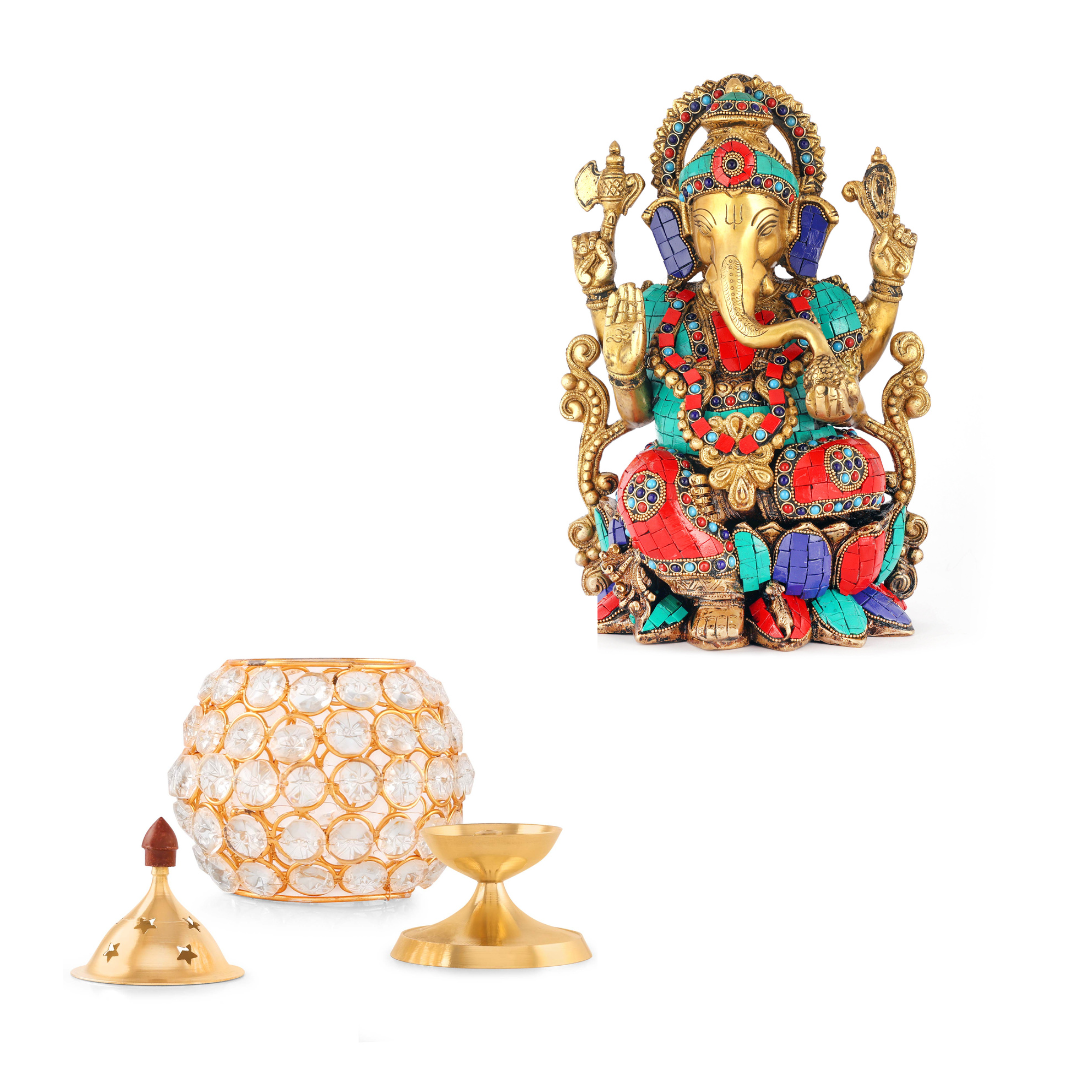 SIPRIJA- Multicolor Ganesh Ji + Matki Crystal Diya